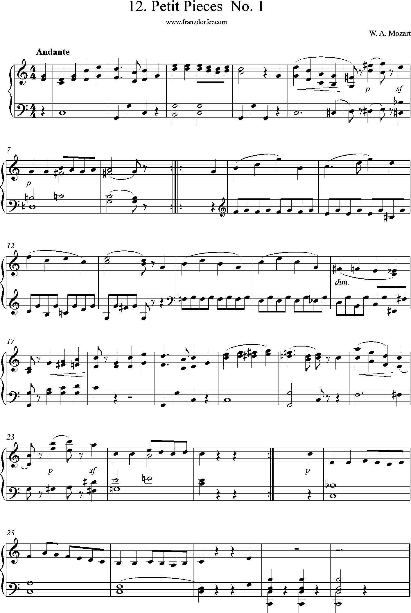 piano sheetmusic 12 petit pueces- No 1- Mozart